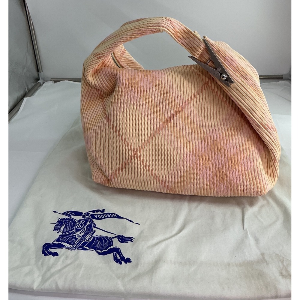 Burberry Sherbet Check Ribbed Knit Duffle Bag 8082046 Peach Pink Hobo